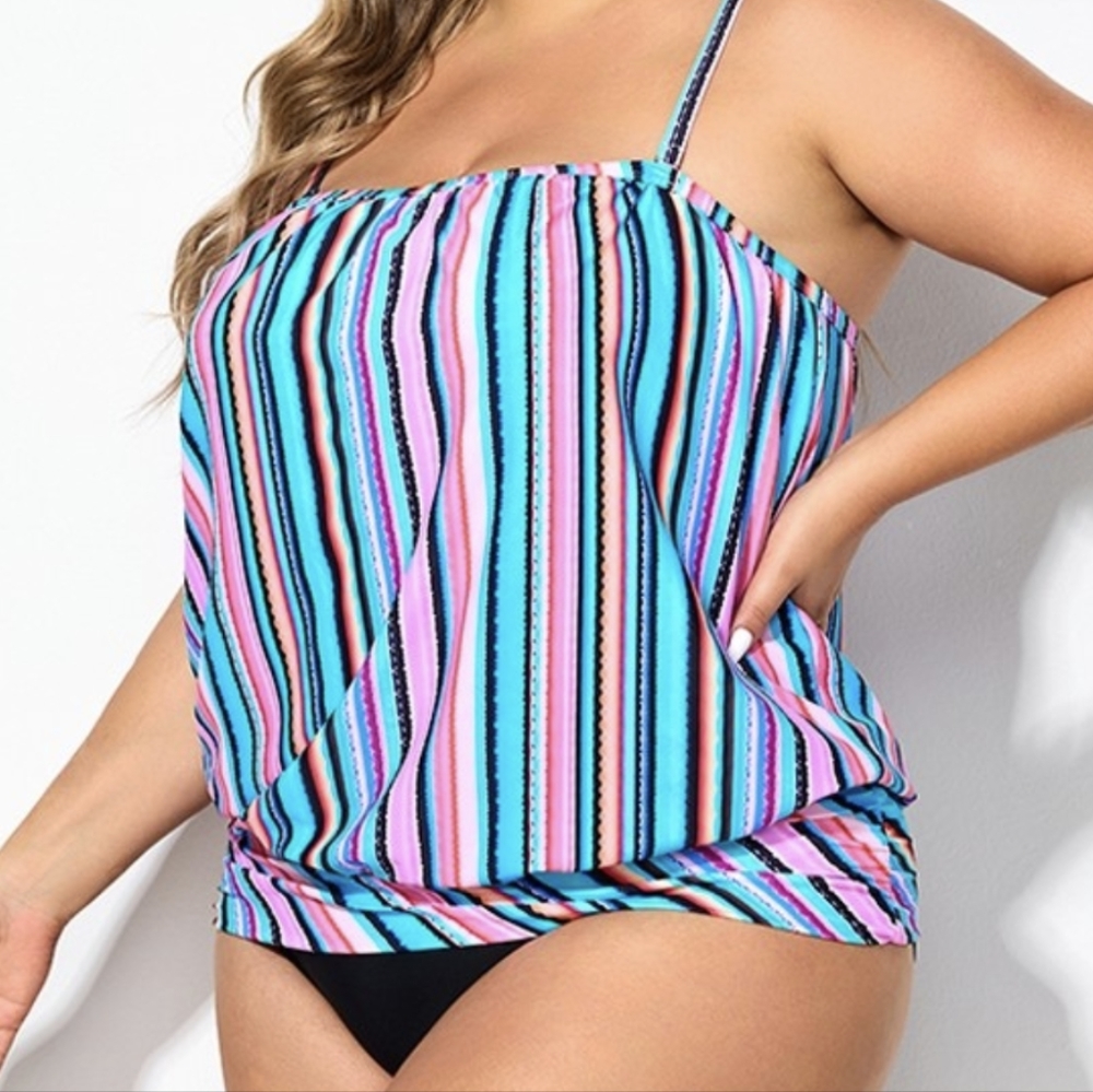 Women Stripe Bandeau Blouson Tankini Set size XL